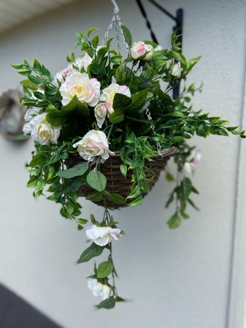 Ivory Rose with a touch of blush hanging basket