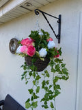 Small pink rose hanging basket